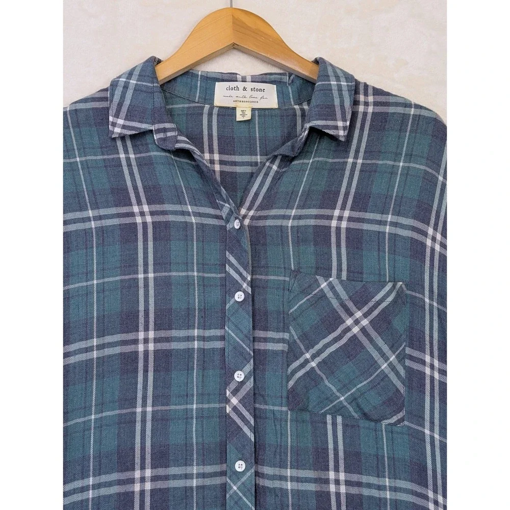 Cloth & Stone Anthropologie Shirt Dress Women S Blue Green Plaid‎ Casual